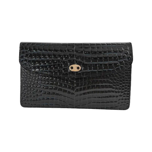 CELINE Black cowhide Arc de Triomphe crocodile-pattern clutch Golden hardware-(SKU)-941957231