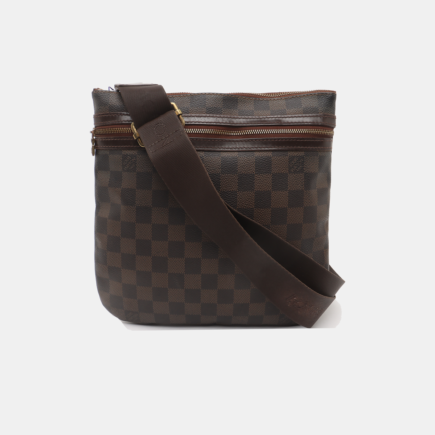 LOUIS VUITTON Brown Coated Canvas Checkered Single Shoulder Bag Crossbody Golden hardware-(SKU)-928779236