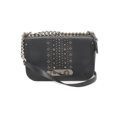 COACH SWAGGER Black Leather Studs Inlay Crossbody Bag Single Shoulder Bag Golden silver ruthenium color hardware-(SKU)-939036502