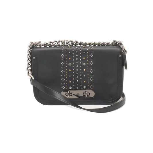 COACH SWAGGER Black Leather Studs Inlay Crossbody Bag Single Shoulder Bag Golden silver ruthenium color hardware-(SKU)-939036502