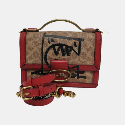 COACH Brown Coated Canvas Monogram Printed Crossbody Shoulder Tote Bag Single Shoulder Tote Bag Golden hardware Removable shoulder strap-(SKU)-940146721