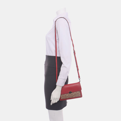 COACH Small size Red Leather Monogrammed Single Shoulder Bag Handbag Crossbody Black hardware shoulder straps-(SKU)-933513610