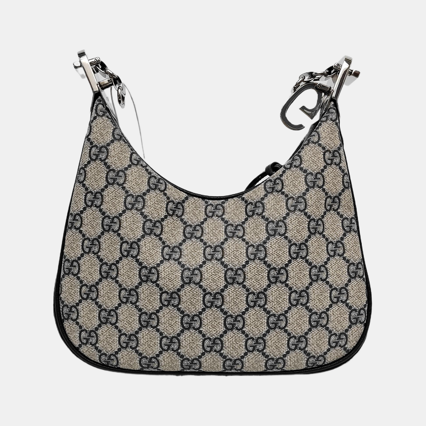 GUCCI Attache Small Beige Coated Canvas Monogram Striped Web Shoulder Bag Crossbody Bag Silver Hardware 2 Removable Straps-(SKU)-942240988