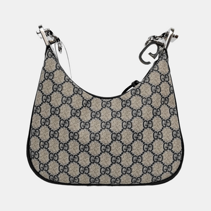 GUCCI Attache Small Beige Coated Canvas Monogram Striped Web Shoulder Bag Crossbody Bag Silver Hardware 2 Removable Straps-(SKU)-942240988