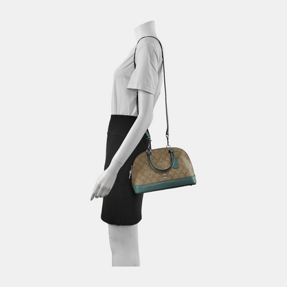 COACH SIERRA Khaki Coated Canvas Monogram Single Shoulder Bag Crossbody Tote Bag Silver Hardware Removable shoulder strap-(SKU)-942239694