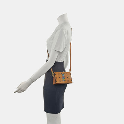 MCM Cognac Color Coated Canvas Monogrammed Printed Crossbody Bag Single Shoulder Bag Golden hardware Removable shoulder strap-(SKU)-940314448