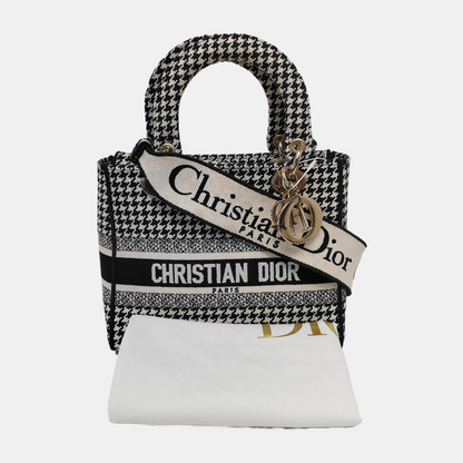 DIOR Lady D-Lite Medium Black Canvas Monogram Embossed Tweed Lady Dior Bag with Detachable Strap-(SKU)-943402222