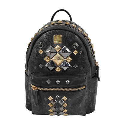 MCM STARK  Small size Black Coated Canvas Monogram Studs Backpack Golden hardware-(SKU)-942517154