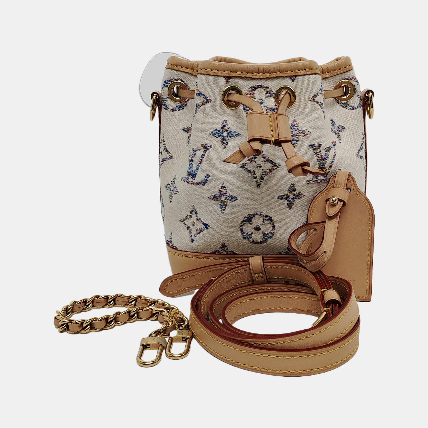 LOUIS VUITTON NOÉ Nano White Canvas Monogram Embossed Shoulder Bag Crossbody Gold Hardware Detachable Shoulder Strap-(SKU)-940367601