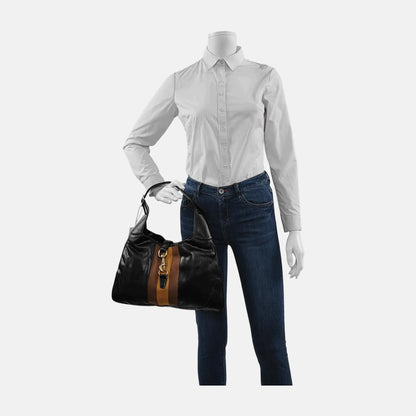 GUCCI Jackie Black Cowhide Stripe Strap Shoulder Bag Tote Golden hardware-(SKU)-945400595