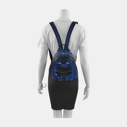 MCM STARK  mini Blue Coated Canvas Monogrammed Stud Double Backpack Silver Black Hardware-(SKU)-943802065