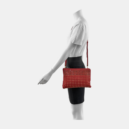 MCM Red Leather Rivet Embellished Crossbody Shoulder Bag Golden Silver Hardware Removable shoulder strap-(SKU)-942099905