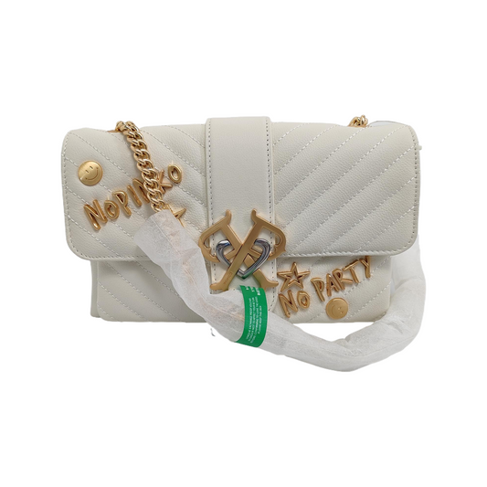 PINKO mini White Leather Quilted Stud Crossbody Bag, Single Shoulder Bag Golden Silver Hardware-(SKU)-944691063