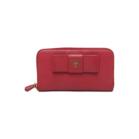 PRADA Fiocco Bow Red Leather Crosshatch Embossed Wallet Golden hardware-(SKU)-939810671
