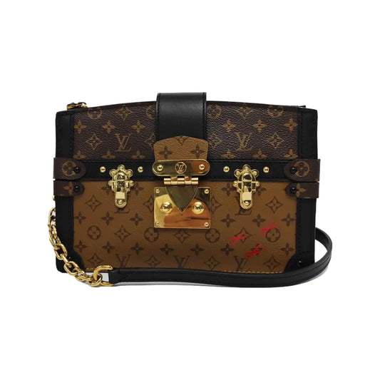 LOUIS VUITTON TRUNK Brown Coated Canvas Monogram Crossbody Bag Shoulder Bag Golden Hardware Removable Strap Accessories Included-(SKU)-943345800