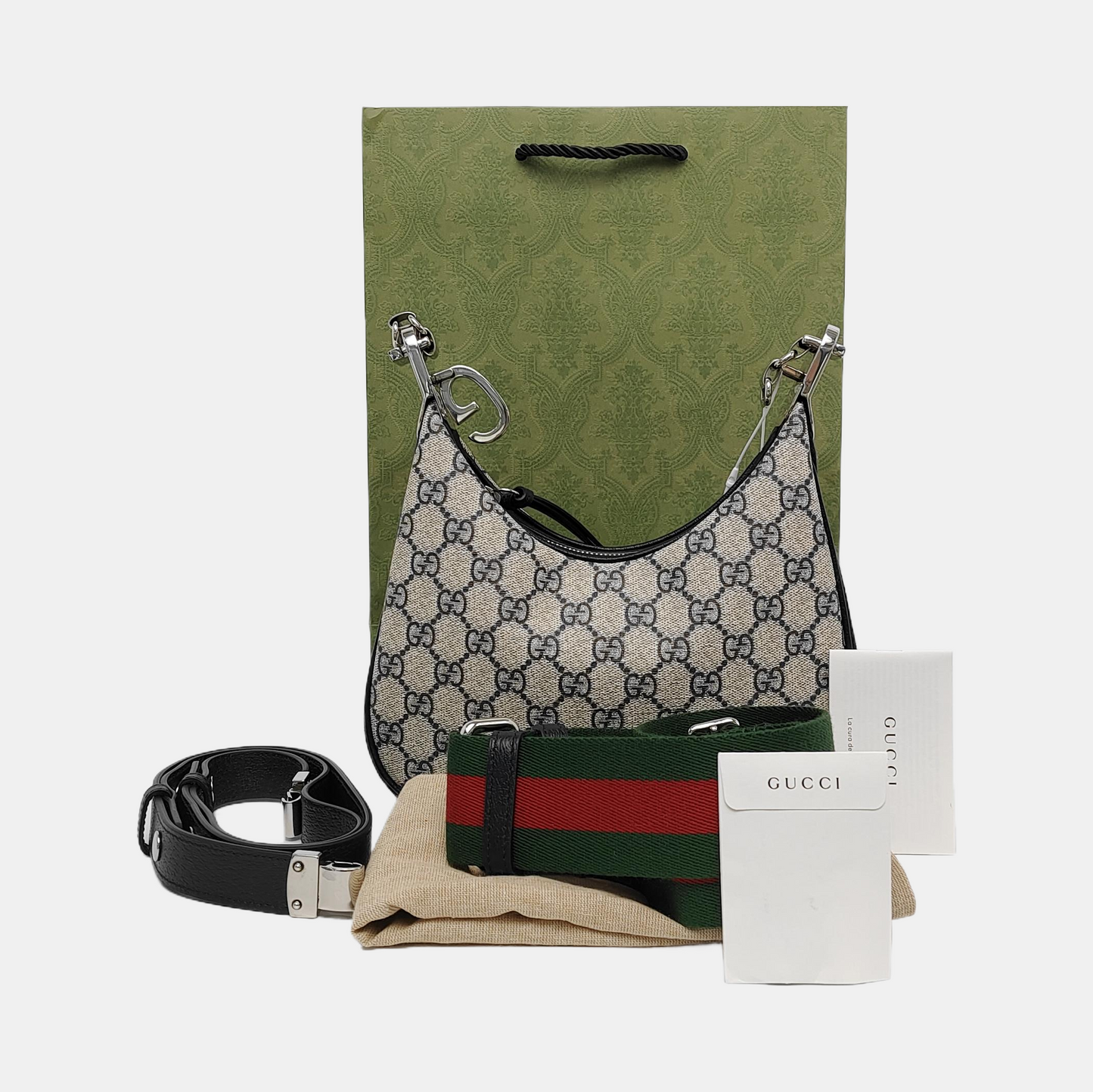 GUCCI Attache Small Beige Coated Canvas Monogram Striped Web Shoulder Bag Crossbody Bag Silver Hardware 2 Removable Straps-(SKU)-942240988