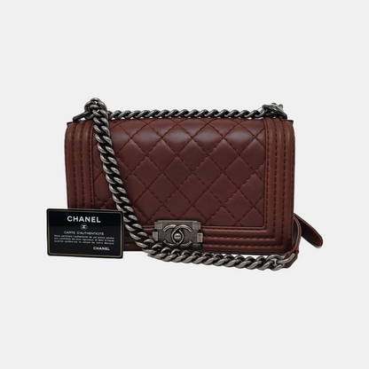 CHANEL BOY CHANEL Medium Burgundy Calfskin Quilted Shoulder Bag Tote Crossbody Bag Ruthenium Hardware 18K Clasp-(SKU)-946021622