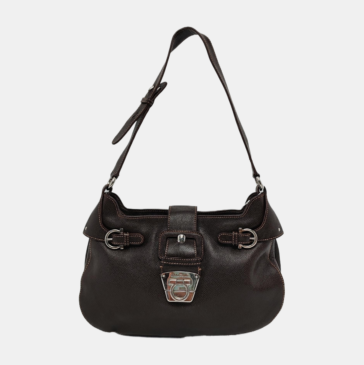 FERRAGAMO Deep brown cowhide single shoulder bag Silver Hardware-(SKU)-944080501