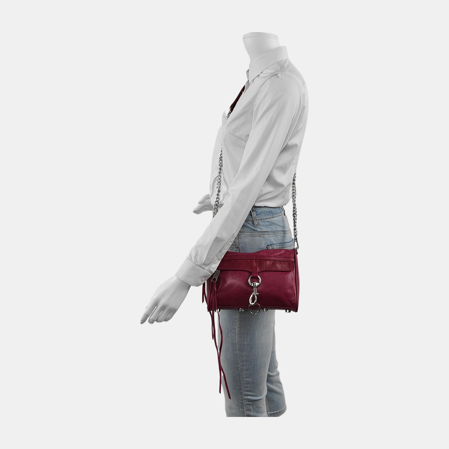 REBECCA MINKOFF M.A.C. Plum Red Cowhide Fringe Stud Single Shoulder Bag Crossbody Bag Silver Hardware Removable shoulder strap-(SKU)-943784602