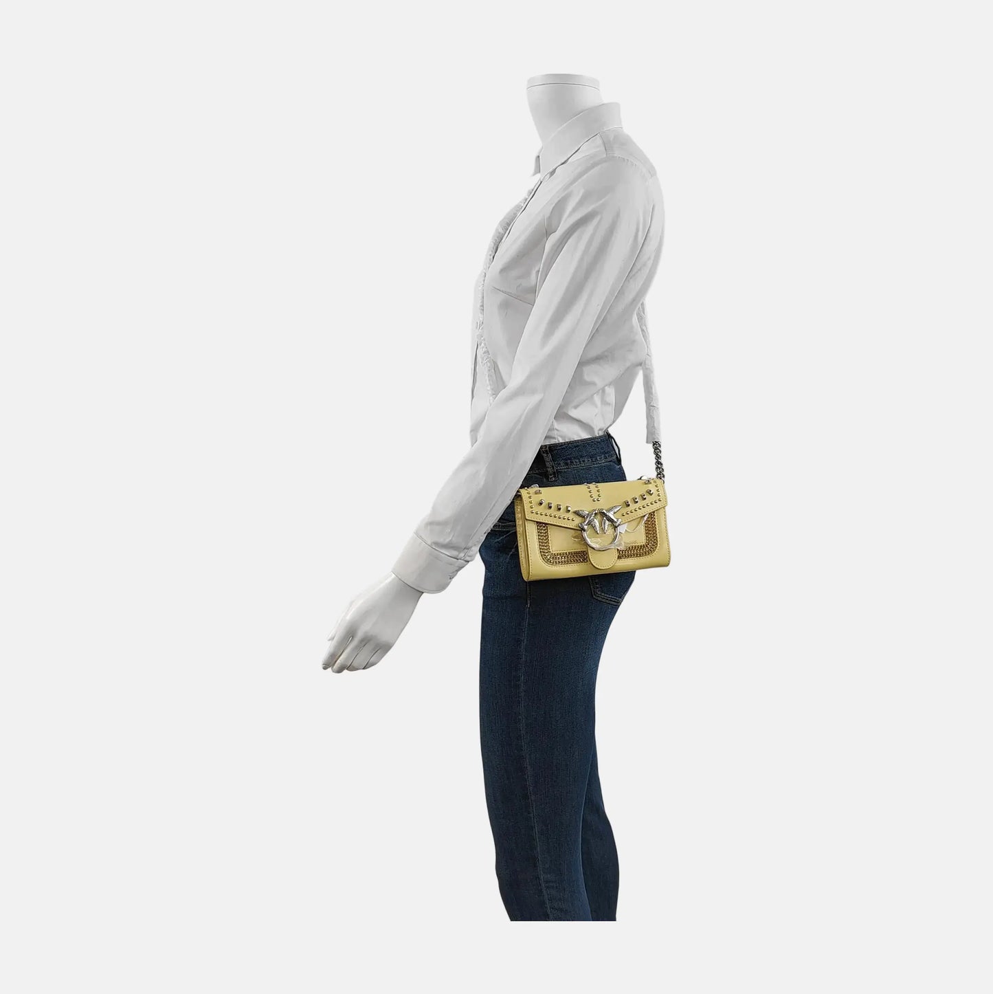 PINKO Love Evolution Small size Yellow Leather Stud Crossbody Single Shoulder Bag Clutch Golden Silver Hardware Removable shoulder strap-(SKU)-944690320