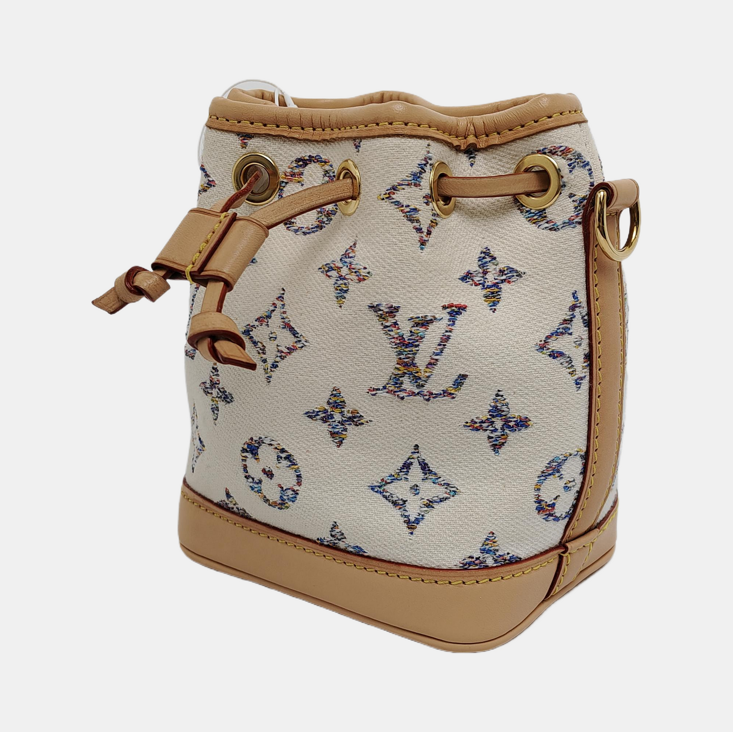 LOUIS VUITTON NOÉ Nano White Canvas Monogram Embossed Shoulder Bag Crossbody Gold Hardware Detachable Shoulder Strap-(SKU)-940367601