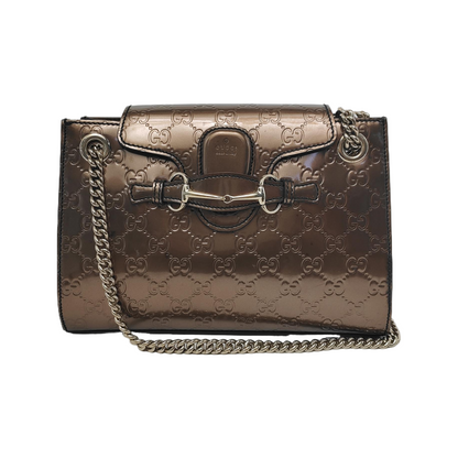 GUCCI Emily Chain Brown Patent Leather Monogram Embossed Shoulder and Handbag Golden hardware-(SKU)-945120170