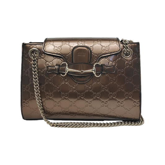 GUCCI Emily Chain Brown Patent Leather Monogram Embossed Shoulder and Handbag Golden hardware-(SKU)-945120170