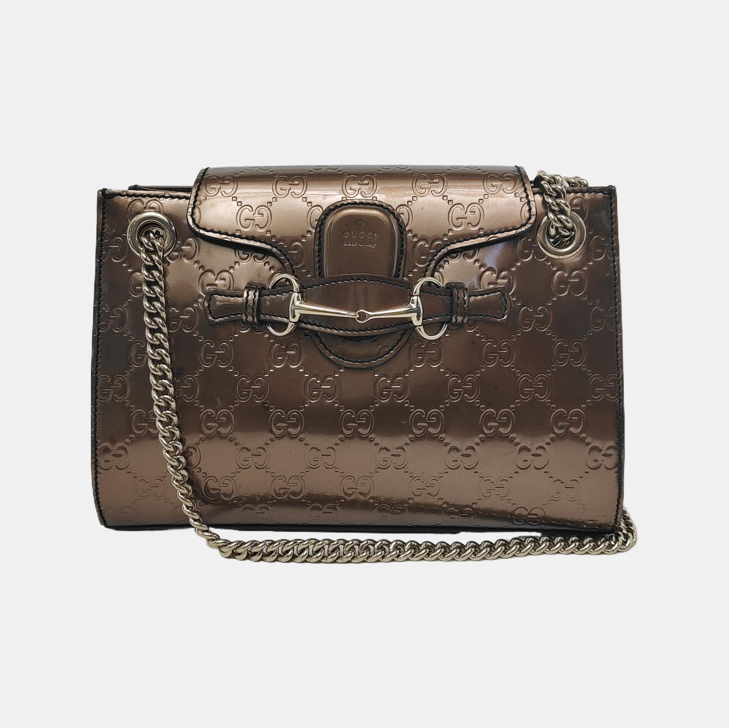 GUCCI Emily Chain Brown Patent Leather Monogram Embossed Shoulder and Handbag Golden hardware-(SKU)-945120170