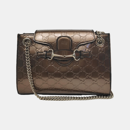 GUCCI Emily Chain Brown Patent Leather Monogram Embossed Shoulder and Handbag Golden hardware-(SKU)-945120170