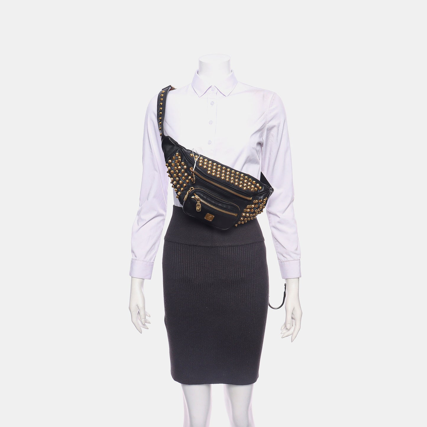 MCM Black Leather Studs Waist Bag Golden hardware-(SKU)-940042449