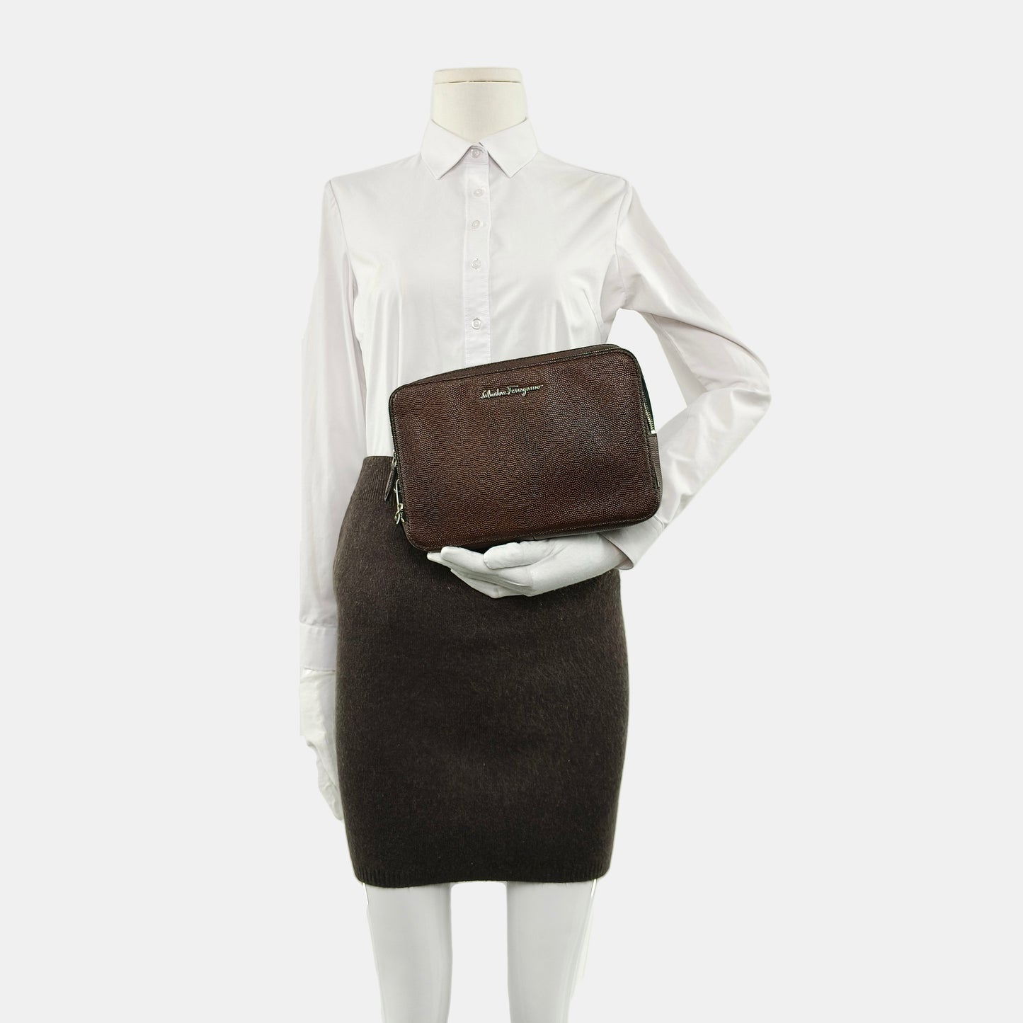 FERRAGAMO Dark Brown Leather Handbag Silver Hardware-(SKU)-940619981