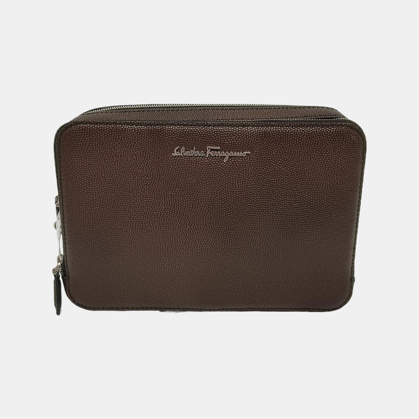FERRAGAMO Dark Brown Leather Handbag Silver Hardware-(SKU)-940619981