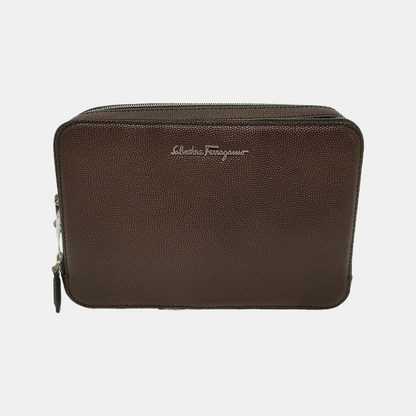 FERRAGAMO Dark Brown Leather Handbag Silver Hardware-(SKU)-940619981