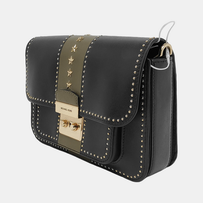 MICHAEL KORS Sloan Editor Medium size Black Leather Studs Single Shoulder Bag Golden hardware Removable shoulder strap-(SKU)-940342508