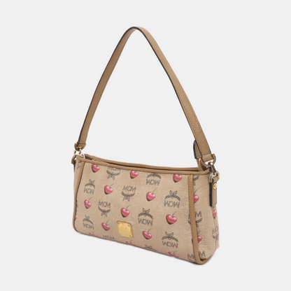 MCM Khaki Coated Canvas Monogram Print Single Shoulder Bag Handbag Golden hardware Removable shoulder strap-(SKU)-939993625