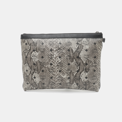MCM Gray Coated Canvas Monogram Studs Clutch Silver Hardware-(SKU)-936462399