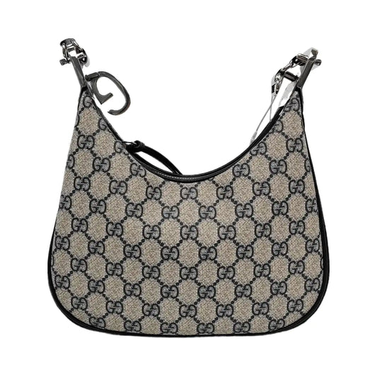GUCCI Attache Small Beige Coated Canvas Monogram Striped Web Shoulder Bag Crossbody Bag Silver Hardware 2 Removable Straps-(SKU)-942240988