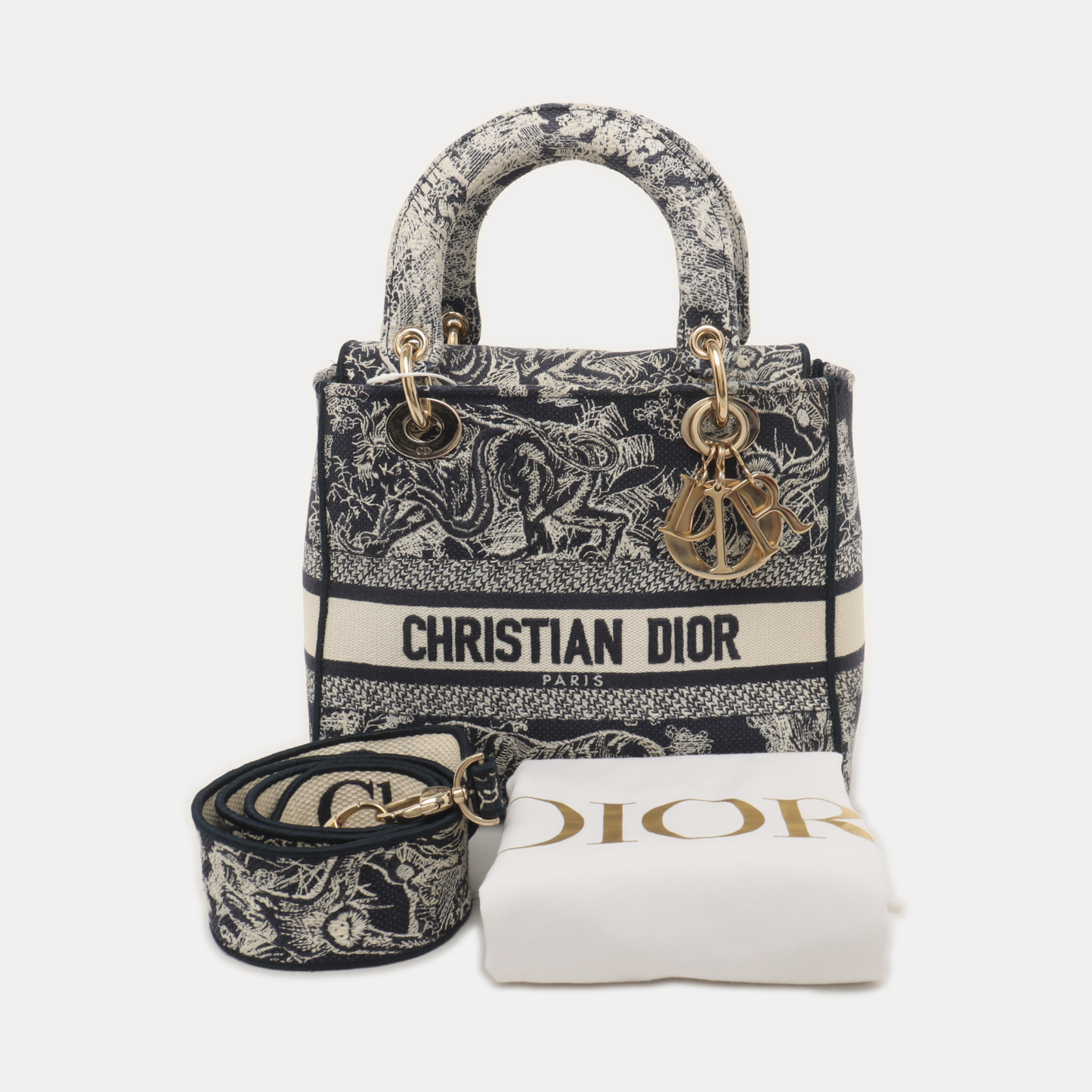 DIOR Lady D-Lite medium size blue fabric embroidered shoulder bag gold hardware detachable shoulder strap-(SKU)-934742654