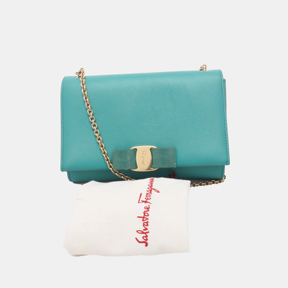 FERRAGAMO Vara Green Cowhide Single Shoulder Bag Crossbody Golden hardware Removable shoulder strap-(SKU)-930663462