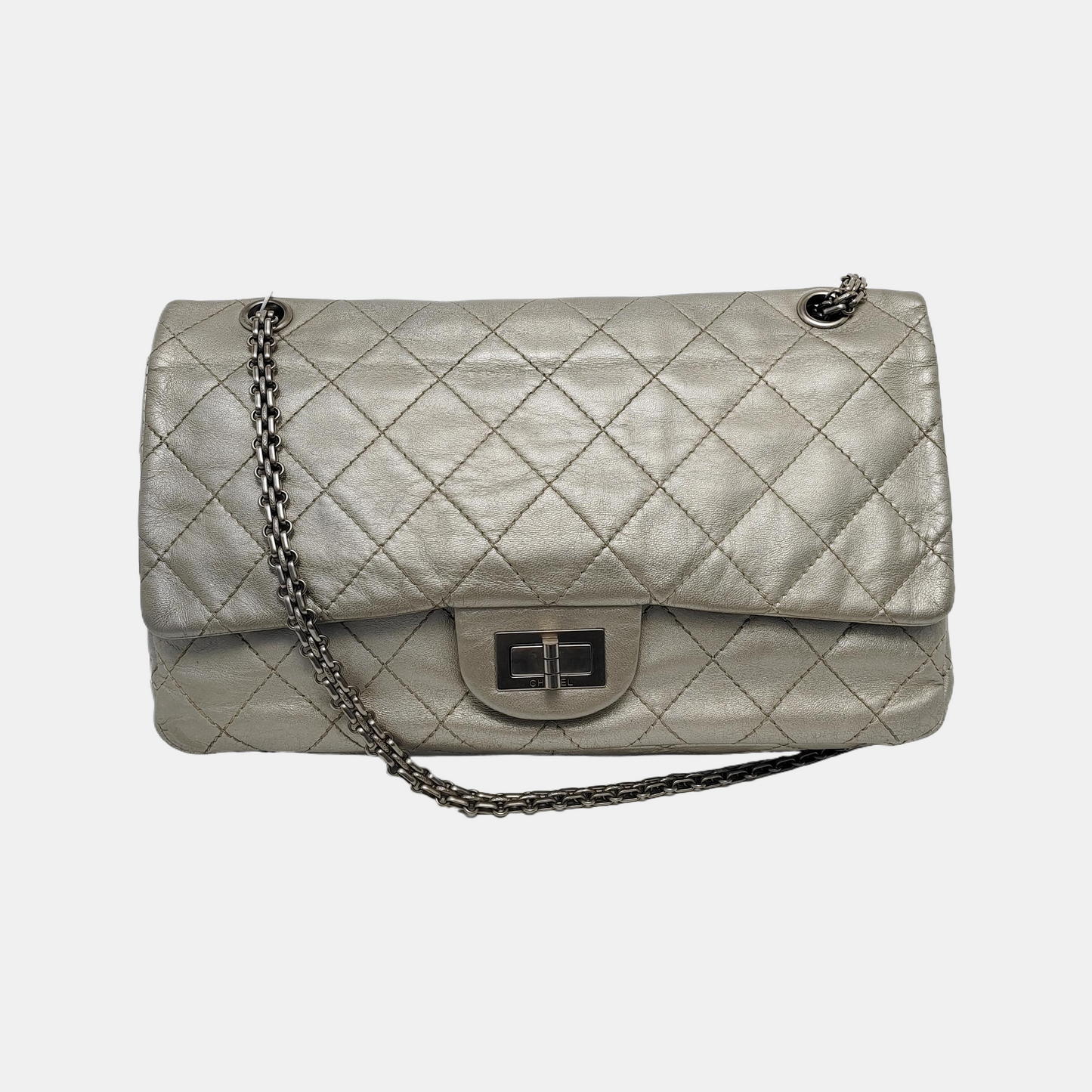 CHANEL 2.55 Silver Sheepskin Quilted Crossbody Shoulder Bag Silver Hardware 12 Flap-(SKU)-941216566