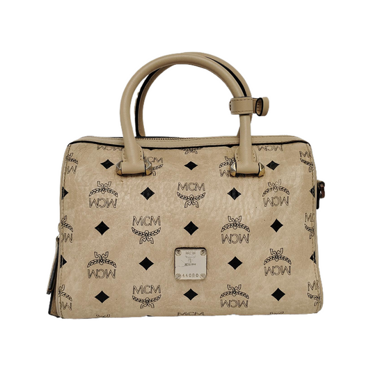 MCM ESSENTIAL Beige Coated Canvas Monogram Single Shoulder Bag Handbag Crossbody Golden hardware Removable shoulder strap-(SKU)-941521981