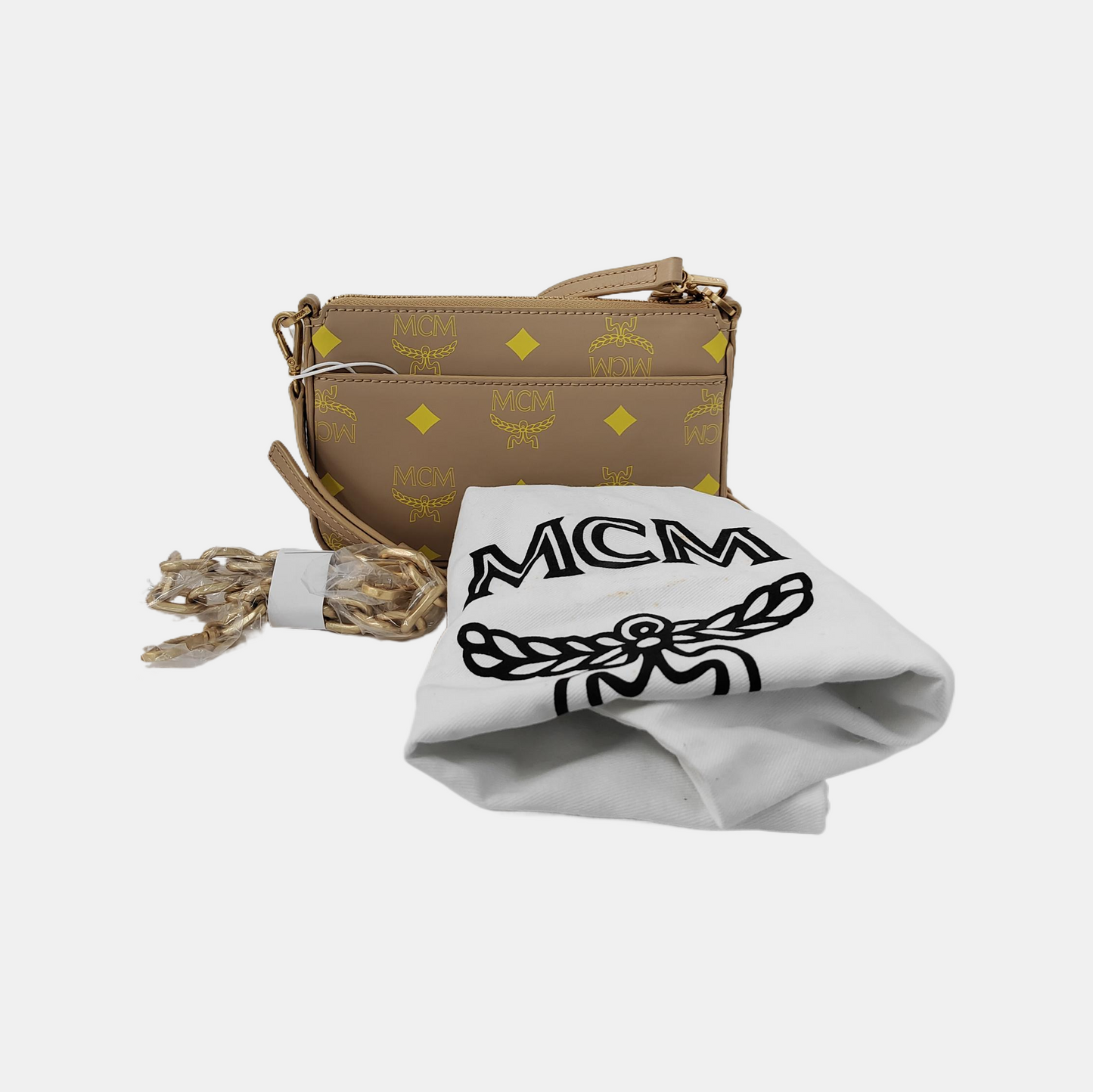 MCM DELMY mini Khaki Coated Canvas Monogram Single Shoulder Bag Handbag Crossbody Golden hardware shoulder straps-(SKU)-944497283