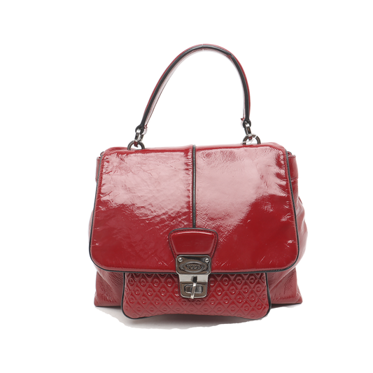 TOD'S Burgundy Patent Leather Quilted Single Shoulder Bag Ruthenium color hardware Removable shoulder strap-(SKU)-931990253
