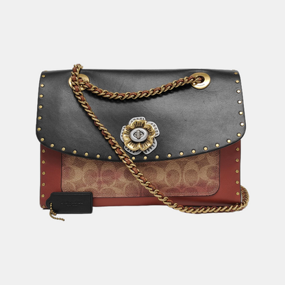 COACH PARKER 26 Black Calfskin Leather Monogrammed Stud Single Shoulder Bag with Crossbody Golden Silver Hardware-(SKU)-942966572