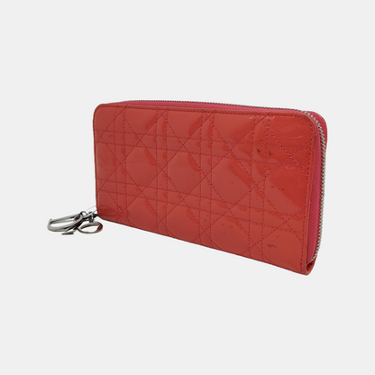 DIOR Lady Dior Red patent leather wicker pattern quilted wallet Golden hardware-(SKU)-945065064