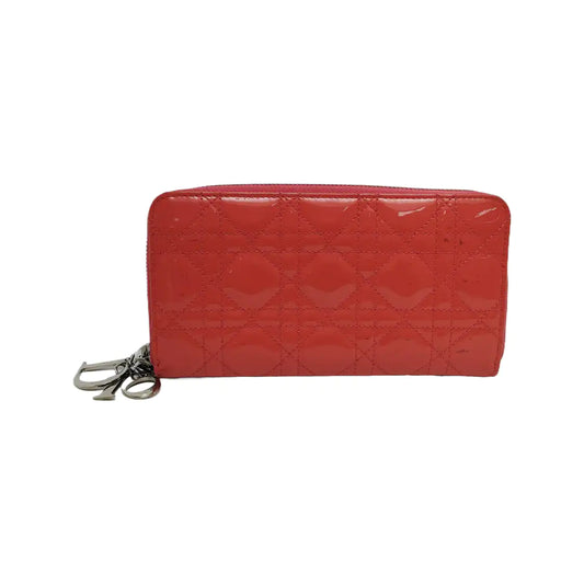 DIOR Lady Dior Red patent leather wicker pattern quilted wallet Golden hardware-(SKU)-945065064
