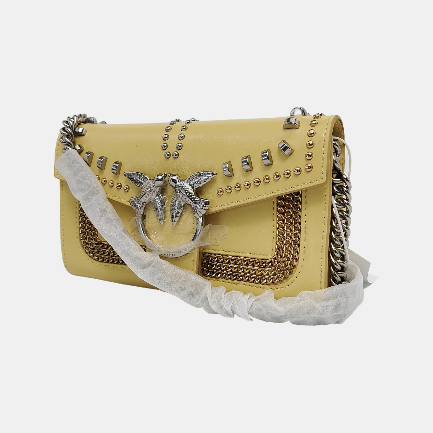 PINKO Love Evolution Small size Yellow Leather Stud Crossbody Single Shoulder Bag Clutch Golden Silver Hardware Removable shoulder strap-(SKU)-944690320