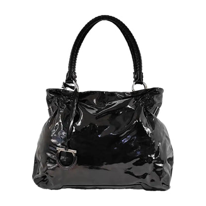 FERRAGAMO Marissa Black Patent Leather Tote Bag Silver Hardware-(SKU)-944545023