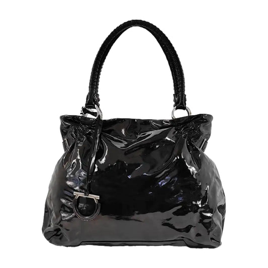 FERRAGAMO Marissa Black Patent Leather Tote Bag Silver Hardware-(SKU)-944545023