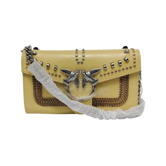 PINKO Love Evolution Small size Yellow Leather Stud Crossbody Single Shoulder Bag Clutch Golden Silver Hardware Removable shoulder strap-(SKU)-944690320